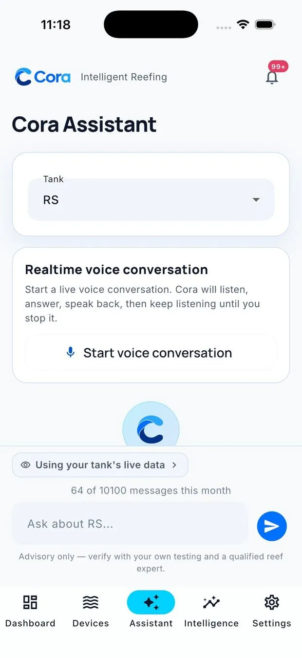 Cora Assistant responde en Cora Mobile una pregunta sobre el acuario a partir de su propio historial