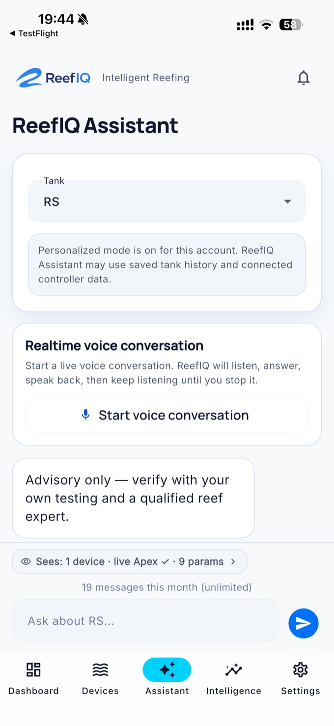 ReefIQ Assistant screen with realtime voice conversation