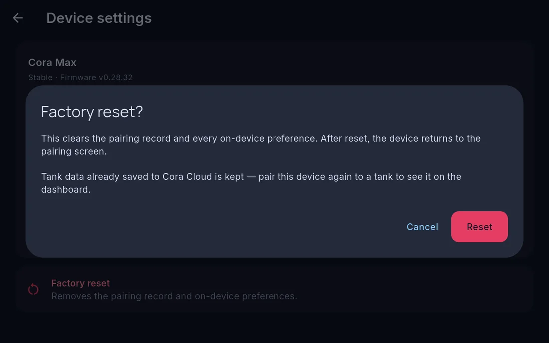 The factory reset confirmation