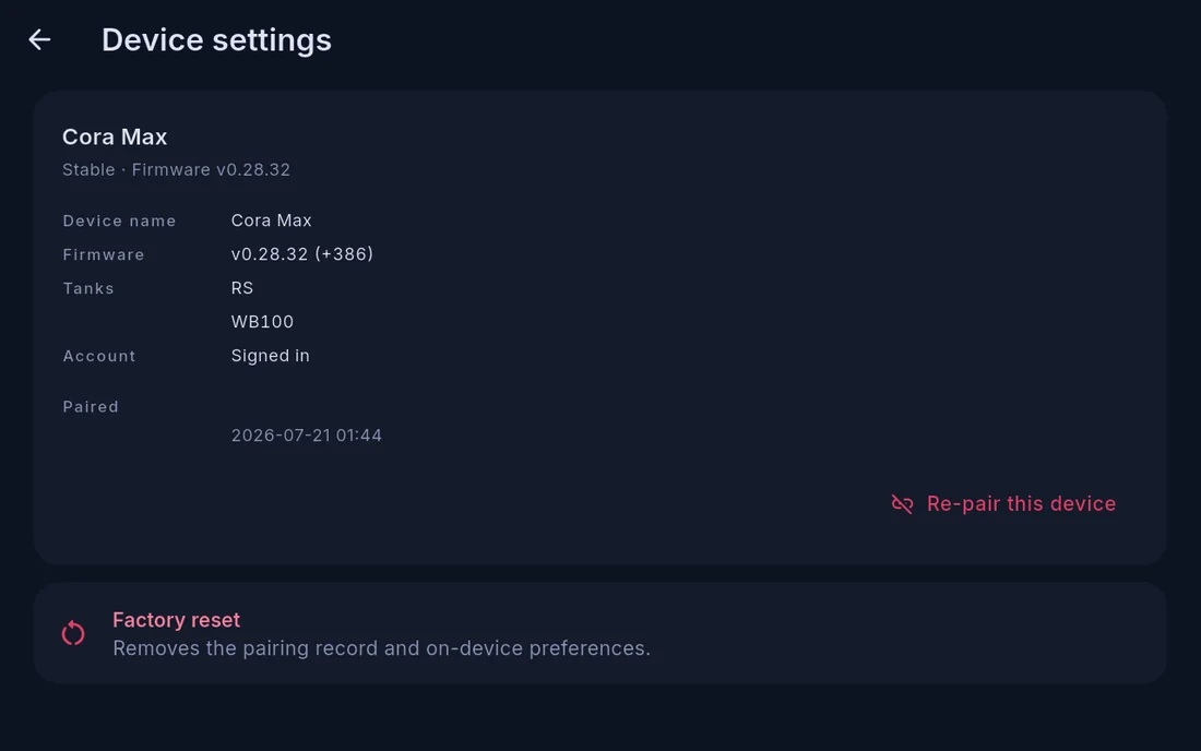 Device settings on Cora Max