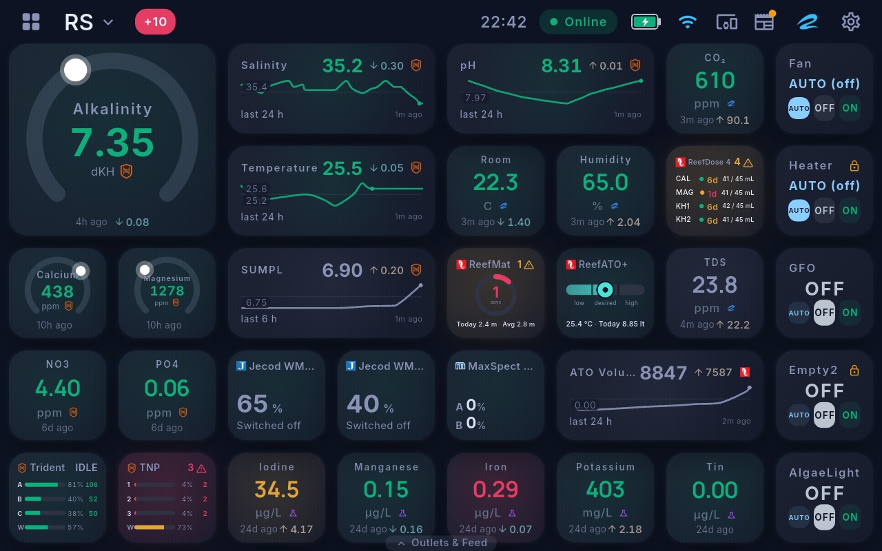Cora Max live dashboard — alkalinity gauge, salinity, pH and temperature trends, dosing heads, outlets and trace elements on one screen