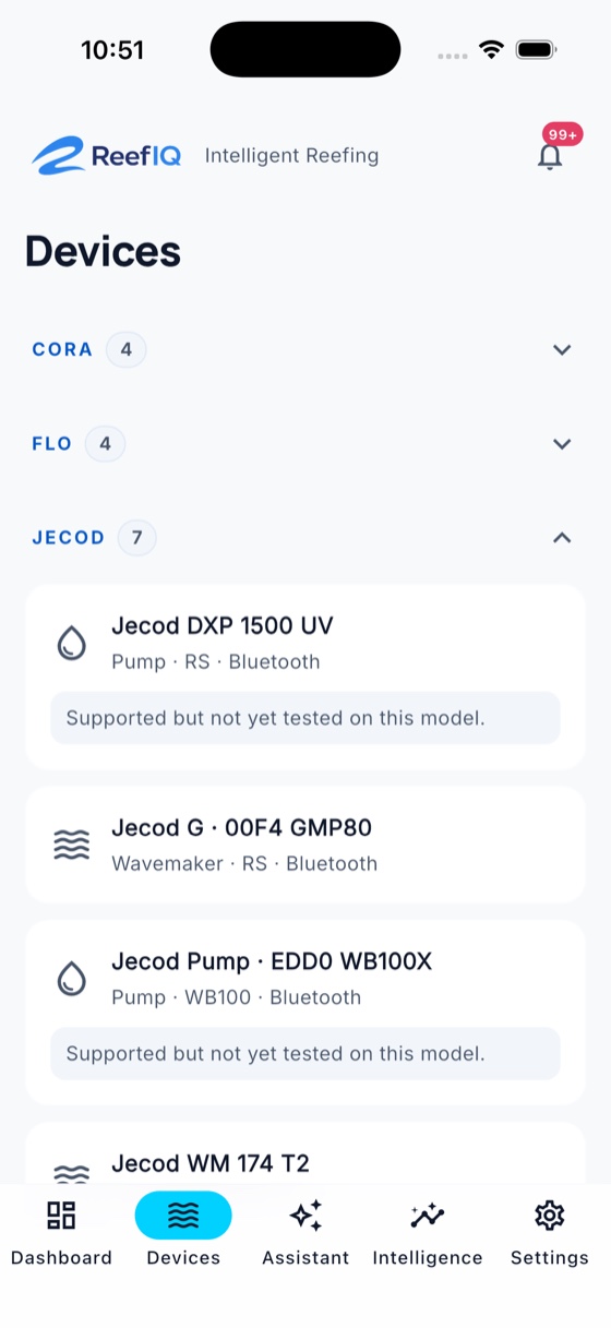 Devices list with ReefIQ and third-party equipment grouped by brand
