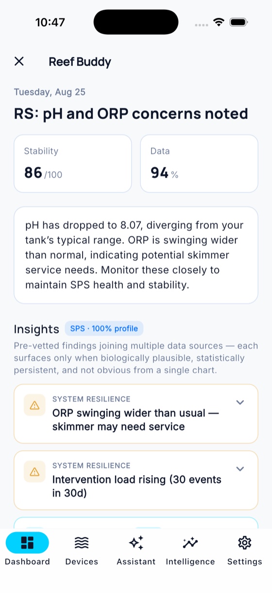 Reef Buddy daily check-up with stability score, plain-language summary and vetted insights